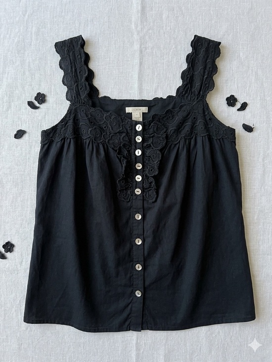 J. Crew Tops - J.Crew Black Eyelet Floral Lace Trim Cotton Cami Tank Top - Size 4